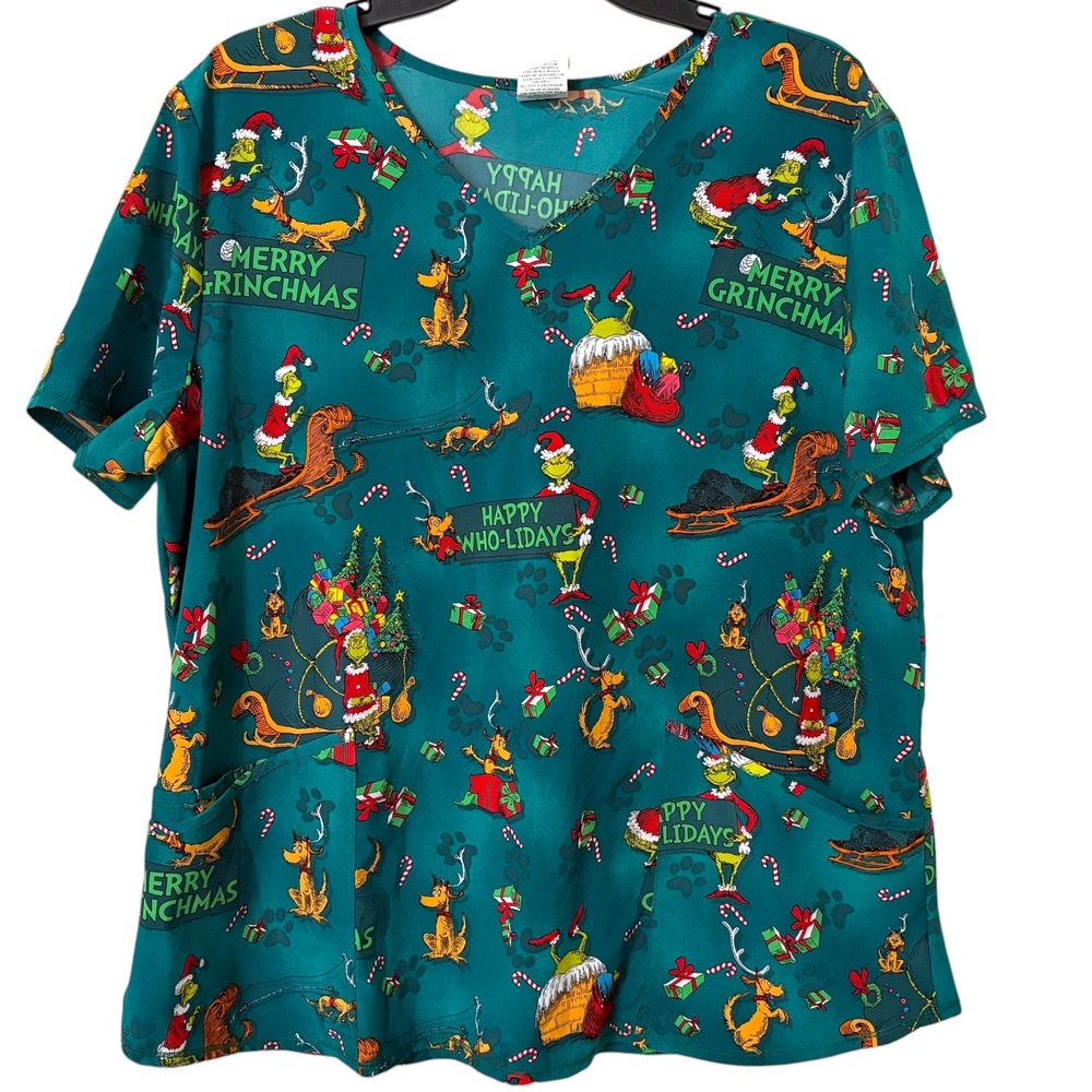 Dr. Seuss Womens XL Scrub Top Teal Christmas Grinch Merry Grinchmas Festive